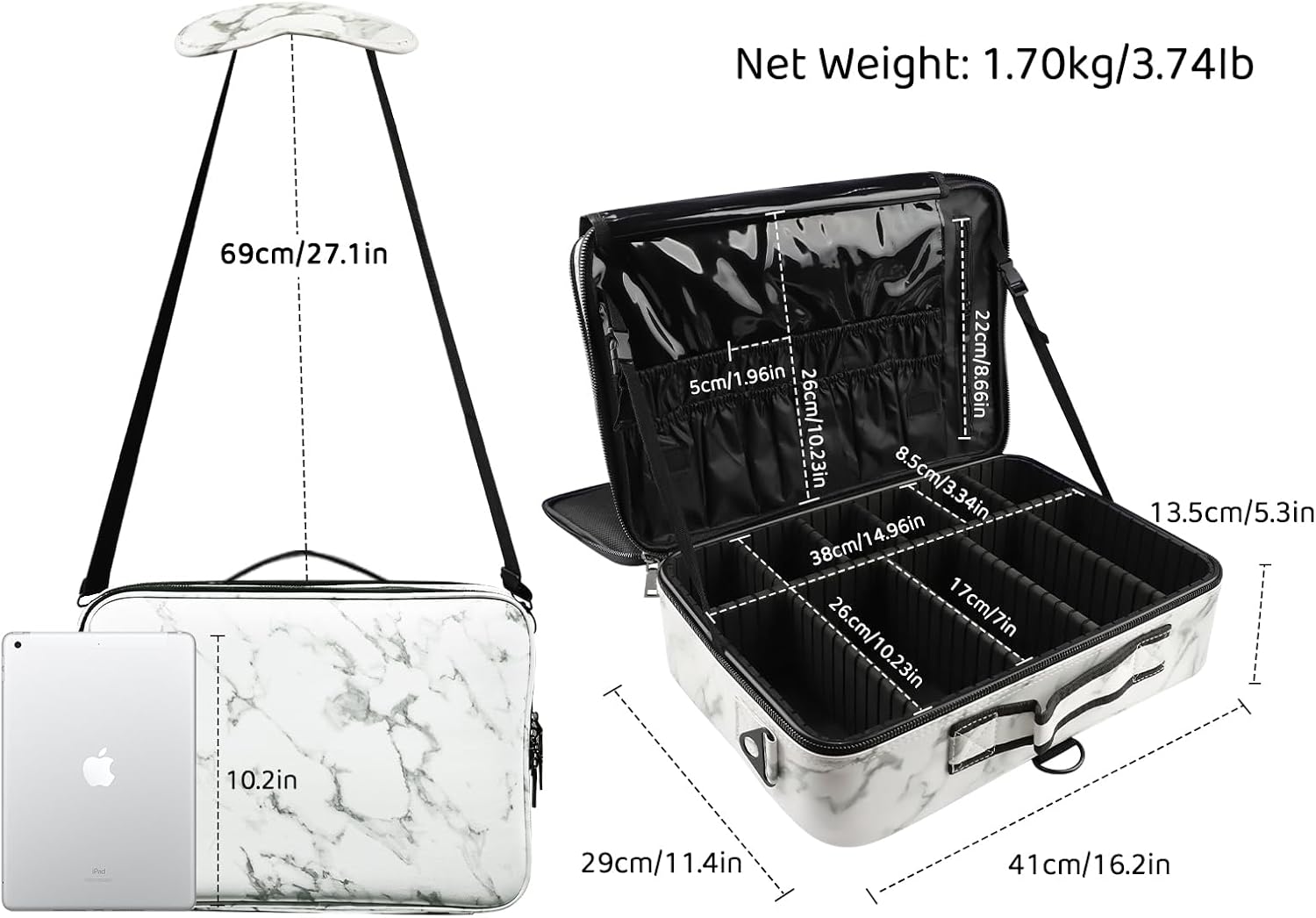 JOURMON Travel Makeup Train Case,Large Capacity Cosmetic Bags for Women,Portable Makeup Bag Organizer with Adjustable Dividers & Shoulder Strap(Marble White, Large)