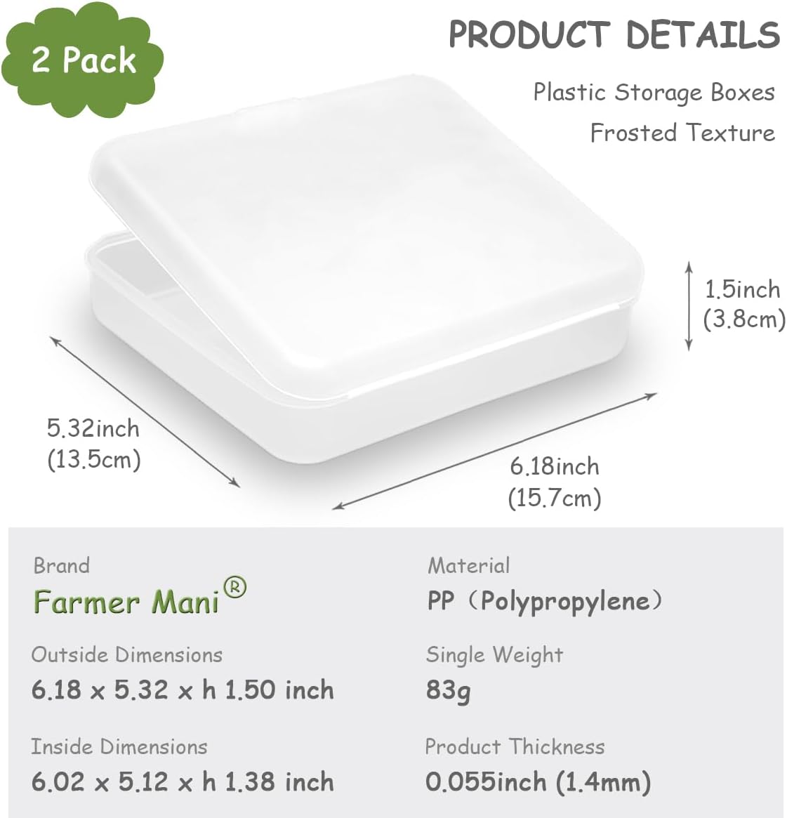 2 Pack (6.18x5.32x1.5 Inches) Rectangular Clear Frosted Plastic Box Containers with Buckle Lids,Rectangle Plastic Clear Storage Containers Box for Make Up,Eye,Pills,Gems,Beads,Jewelry,Small Items