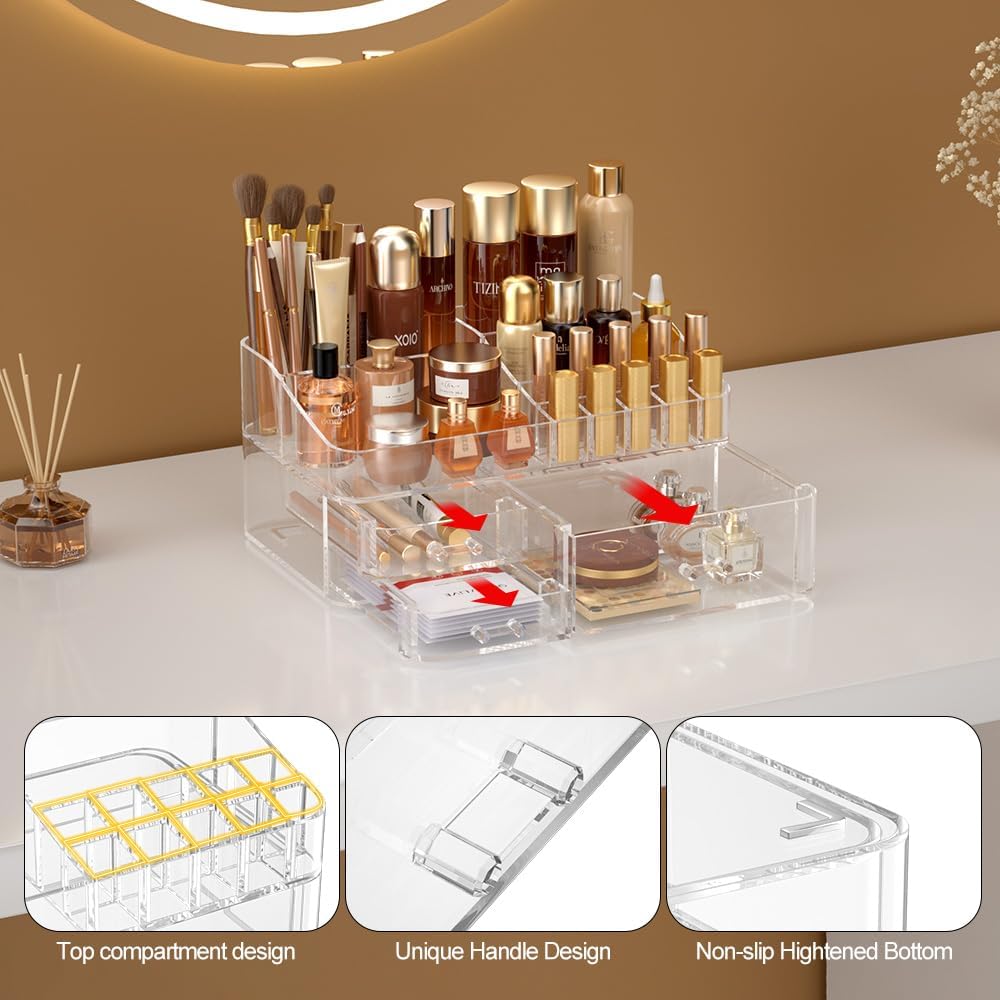 Makeup Organizer for Vanity, Acrylic Large Desk Organizer with Drawers, Ideal Vanity Holder for Cosmetics, Lipsticks, Nail Polish, Skincare, Countertop, Bathroom, Dresser