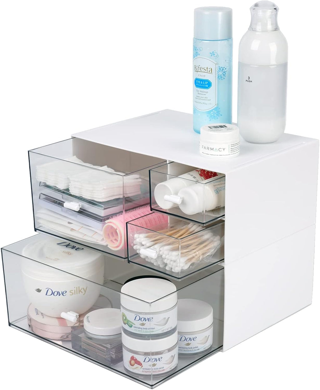 Desk Craft Organizer and Storage with 4 Mixed Drawers, Stackable Plastic Desktop Accessories & Workspace Organizer for Office Stationary, Makeup Skincare, Sanitation Supplies, White