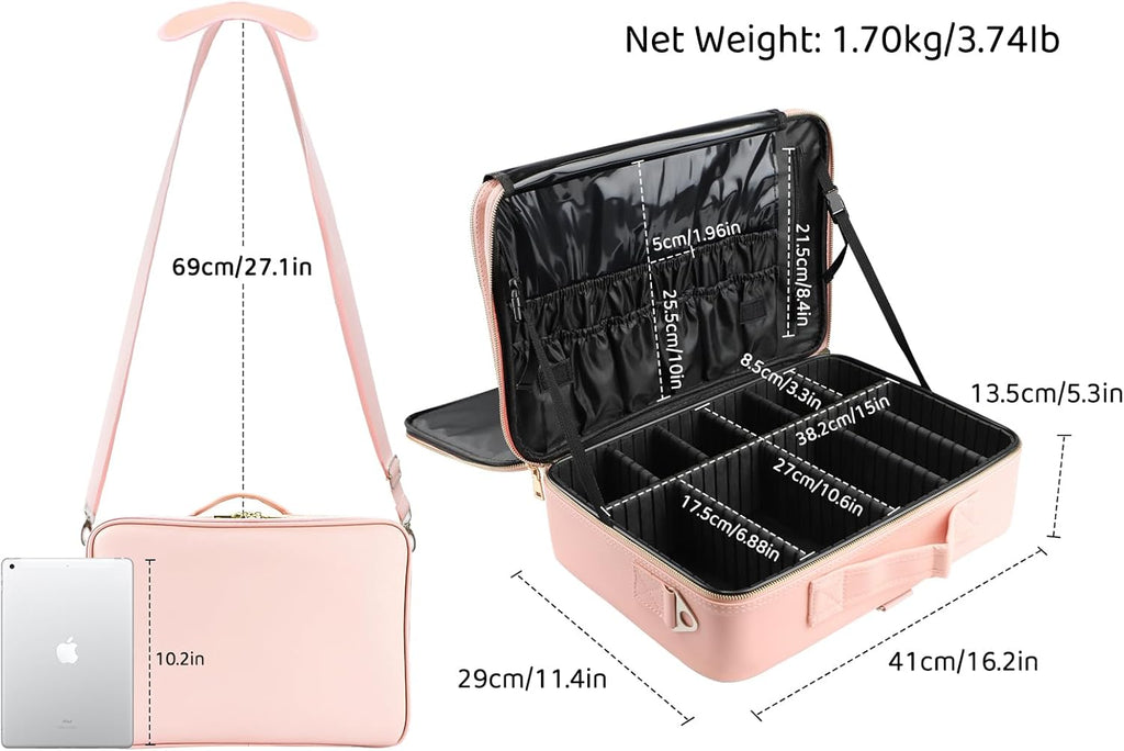 JOURMON Travel Makeup Train Case,Large Capacity Cosmetic Bags for Women,Portable Makeup Bag Organizer with Adjustable Dividers & Shoulder Strap(Pink, L)