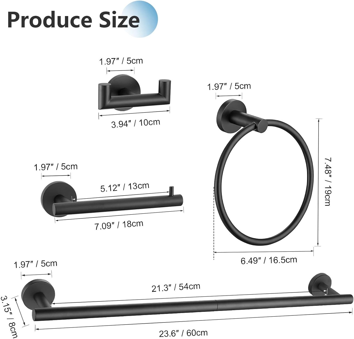 10 Pieces Matte Black Towel Bar Set Bathroom Hardware Accessories Set Upgraded Towel Hooks Towel Holder Set for Bathroom Stainless Steel Wall Mounted 23.6 Inch