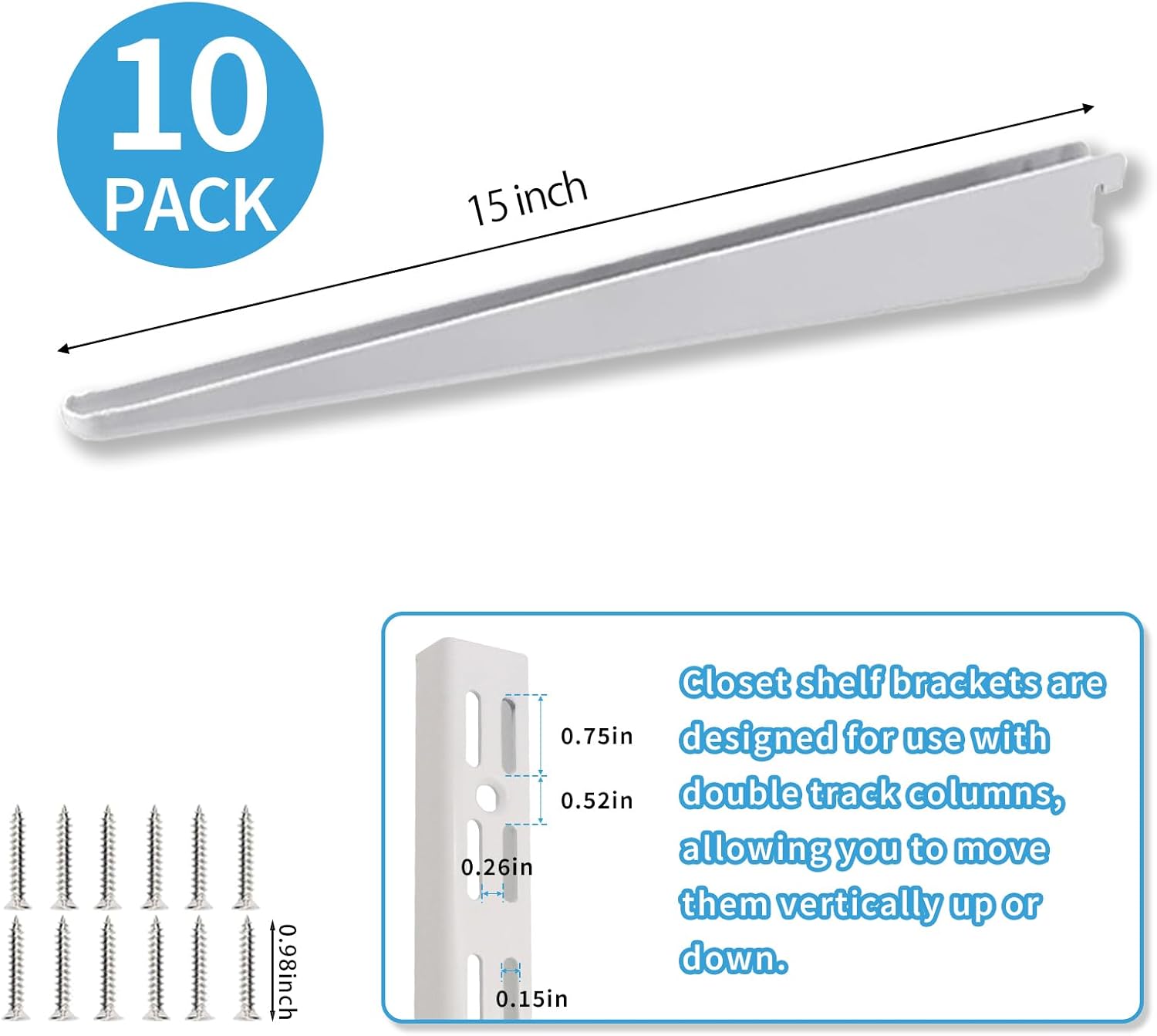 10 Pack 15‑Inch Adjustable Wire Shelf Brackets – Heavy‑Duty Double‑Track Closet & Wall Shelving System Supports（White）