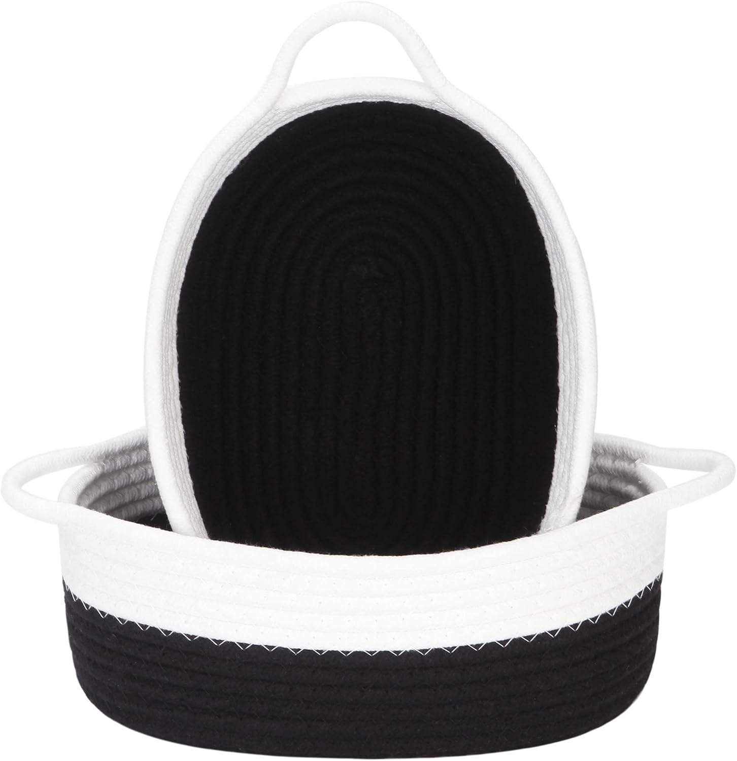 Sea Team 2-Pack Cotton Rope Baskets, 10 x 7 x 4 Inches Small Woven Storage Basket, Fabric Tray, Bowl, Oval Open Dish for Fruits, Jewelry, Keys, Sewing Kits (Black & White)