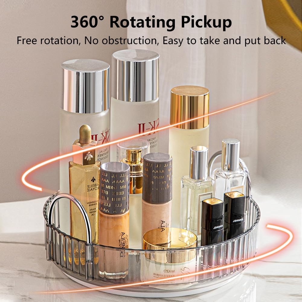 Rotating Makeup Organizer for Vanity, Spinning Cosmetics Storage for Bathroom Countertop, Skincare Holder Rack for Facial Cream, Perfume, Lotion, Lipstick (1 Tier, Smoky Grey)