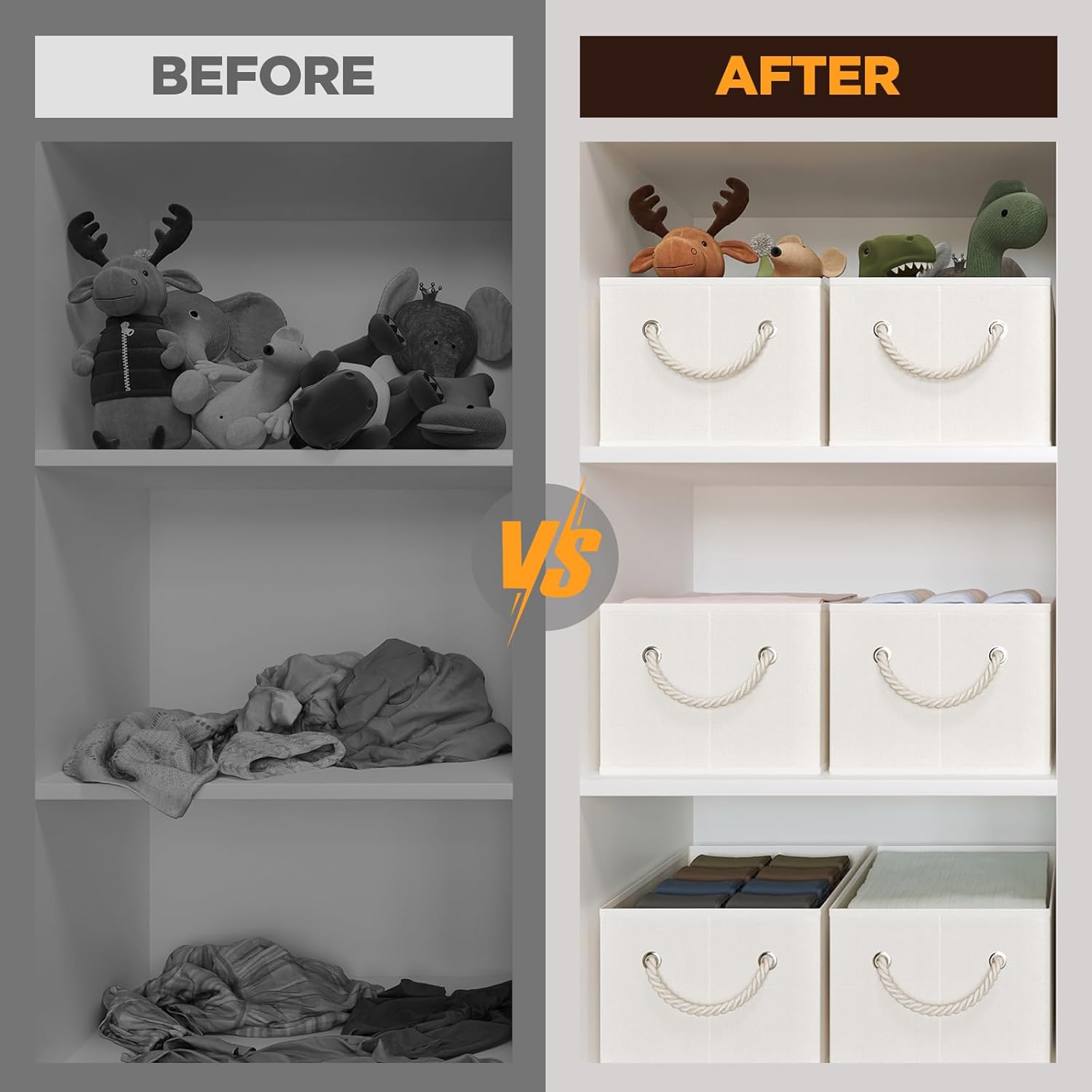 Closet Storage Bins, Linen Closet Organizers and Storage Basket for Shelves, Collapsible Shelf Baskets for Organizing Shelves, Bedroom Clothes Basket, Beige, 4 Pack