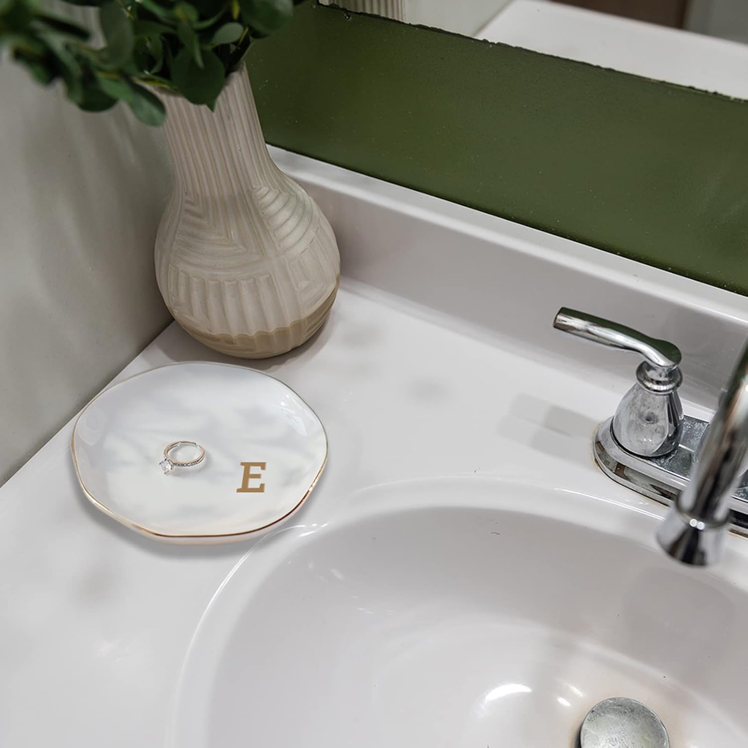 Initials Ring Dish Jewery Tray with Personalized E-Monogrammed Gifts Wedding Engagement for Women Friends sister,Ceramic White