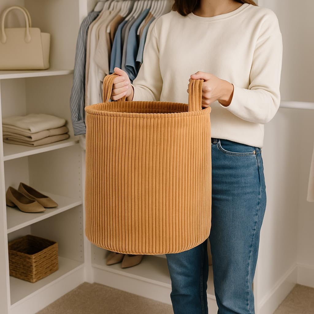 PUTSKA Blanket Basket – Round Storage for Toys and Blankets, Clothes, Stuffed Animals – Soft Baby Girl Basket for Nursery, Kids Room, Bedroom, Living Room – Large, Brown