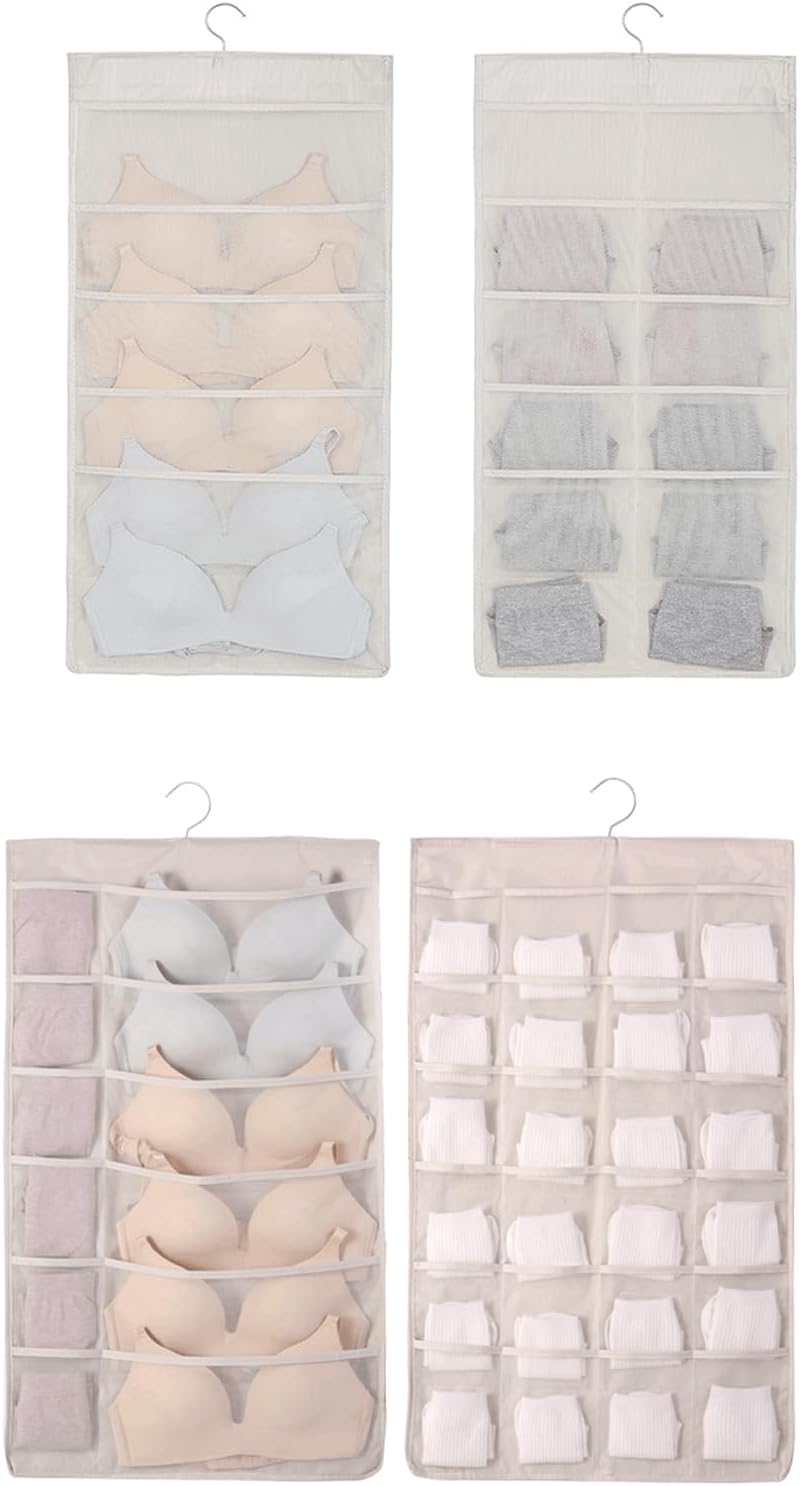 (Set of 2, 4 pockets with different layouts on each side) Double-sided storage hangers, bra storage, closet organization, underwear storage, space-saving, lightweight and durable (36+15pockets)