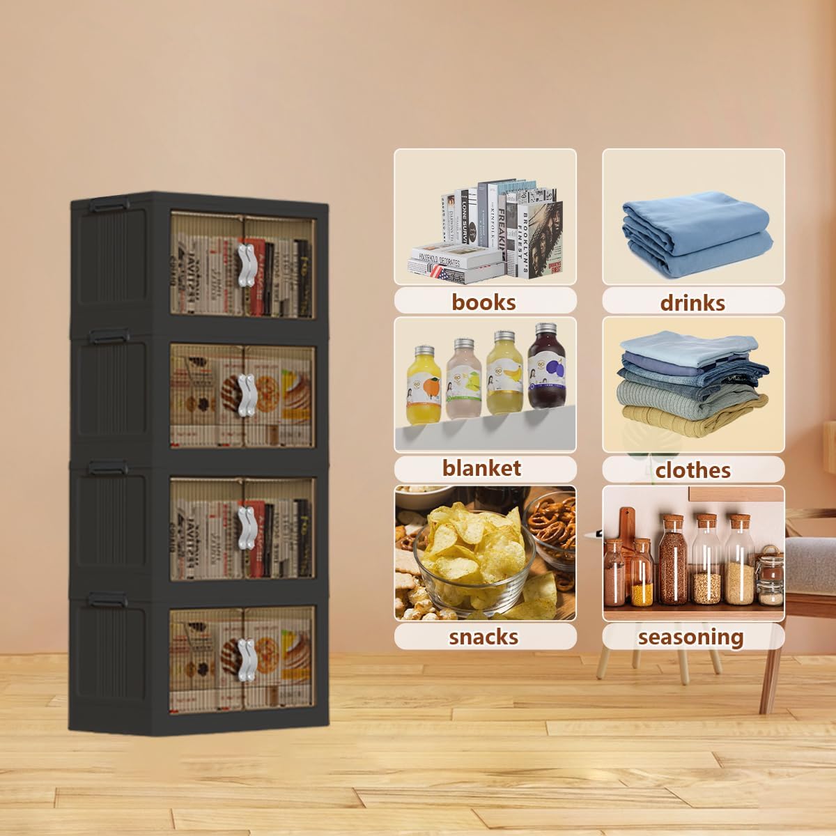 Stackable Storage Bins with Lid & Drawers, Large Foldable Collapsible Storage Containers Bin with Doors & Wheels, Folding Plastic Storage Boxes for Home, Pantry, Office (S, Gray 4-Tier)