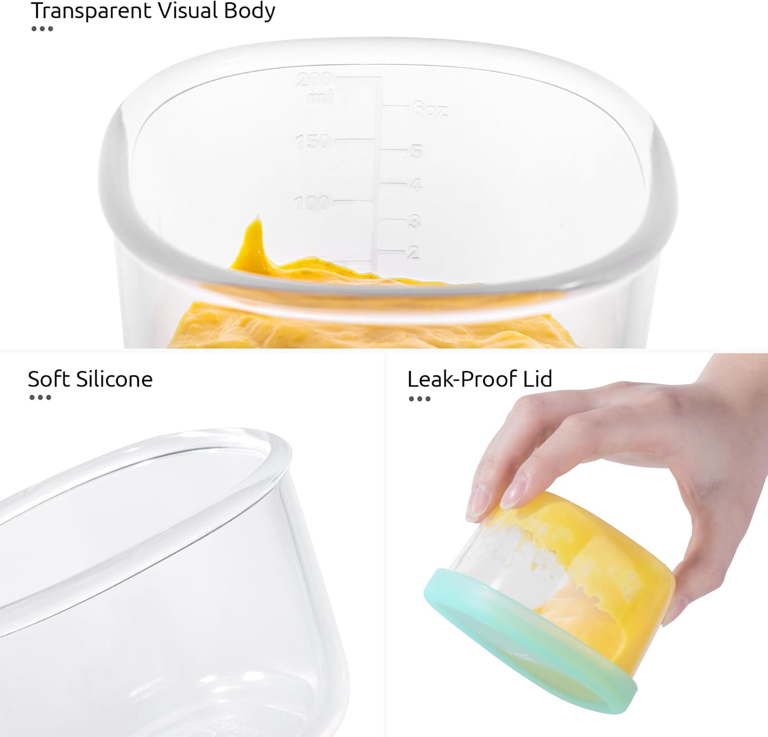 U-Taste 6oz Small Snack Containers: Food Grade Liquid-Silicone Ice cream Storage with Airtight Lid, Freezer Safe with Clear 200ml Measurements, Reusable for Prepping Fruit, Puree, Nuts (Aqua Sky)