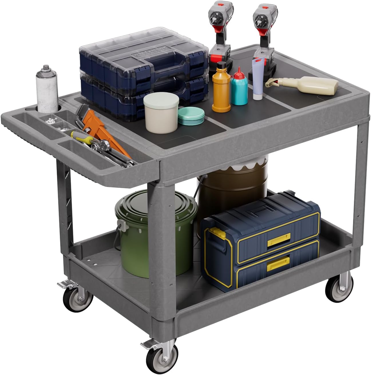 2 Tier Plastic Rolling Utility Cart on Wheels, Heavy Duty Tool Cart with Deep Shelves and 360° Swivel Wheels Holds up to 550 lbs, Service Cart for Garage, Warehouse, Cleaning (Grey-L-Flat Top)
