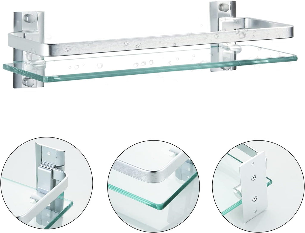 AIJALY 3 Pack Bathroom Glass Shelf,Aluminum Tempered Glass 0.34in Extra Thick Rectangular 1 Tier Storage Organizer Wall Mount,Silver 15.7in