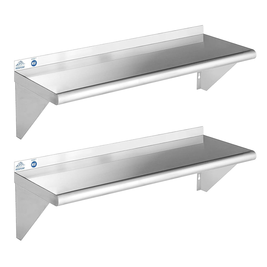 ROCKPOINT Stainless Steel Shelf 12 x 36 Inches 300lb, 2 Pack NSF Commercial Wall Mount Floating Shelving with Backsplash for Restaurant, Kitchen, Home and Hotel, Silver