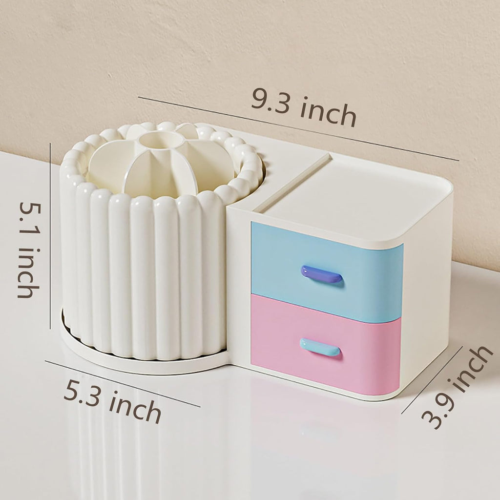 Anyoifax 360 Rotating Makeup Brush Holder 7 Slots Makeup Organizer with Drawer Removable Spinning Cosmetic Storage Pen Holder for Vanity, Dresser, Desk, Colorful