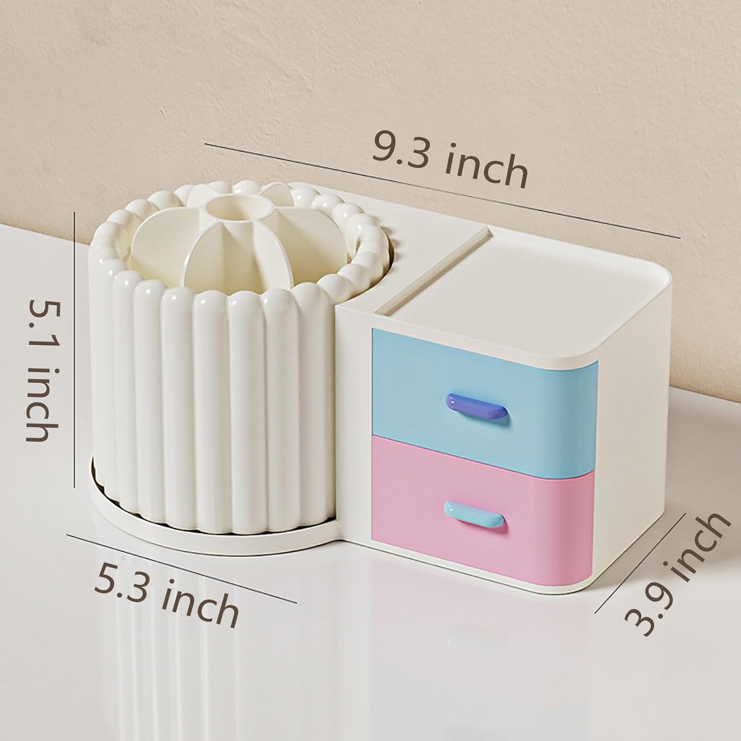 Anyoifax 360 Rotating Makeup Brush Holder 7 Slots Makeup Organizer with Drawer Removable Spinning Cosmetic Storage Pen Holder for Vanity, Dresser, Desk, Colorful