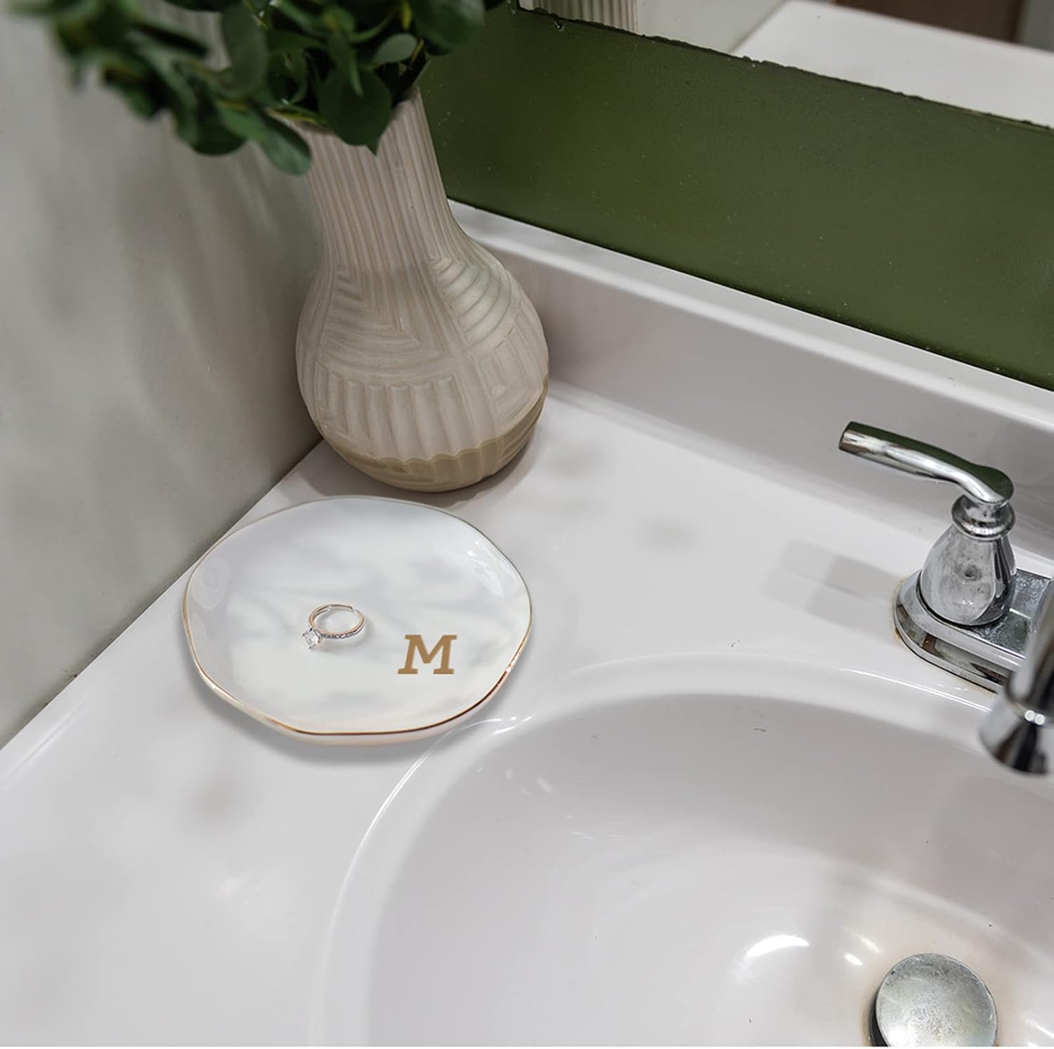 Initials Ring Dish Jewery Tray with personalized N-Monogrammed Gifts Wedding Engagement for Women Friends sister,Ceramic White