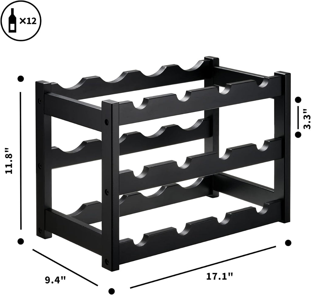 VASMIA Bamboo Wine Rack, Sturdy and Durable Wine Storage Cabinet Shelf, Wine Racks Countertop for Pantry,Kitchen,3-Tier 12 Bottles Wine Rack Black