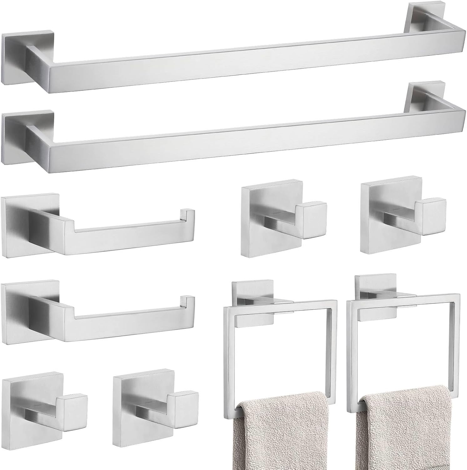 10-Piece Bathroom Hardware Accessories Set-Brushed Nickel Towel Bar, Holder & Racks-SUS304 Stainless Steel-Wall Mounted,23.6-Inch