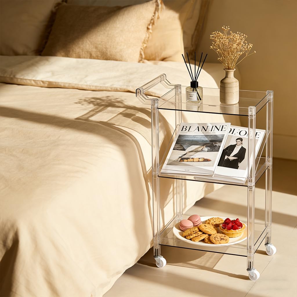 Acrylic Utility Rolling Cart, 3-Tier Clear Acrylic Storage Cart with Pulling Handle & 4 Wheels for Kitchen Living Room Dining Bathroom Laundry, Multifunction Serving Trolley for Small Spaces (Gray)