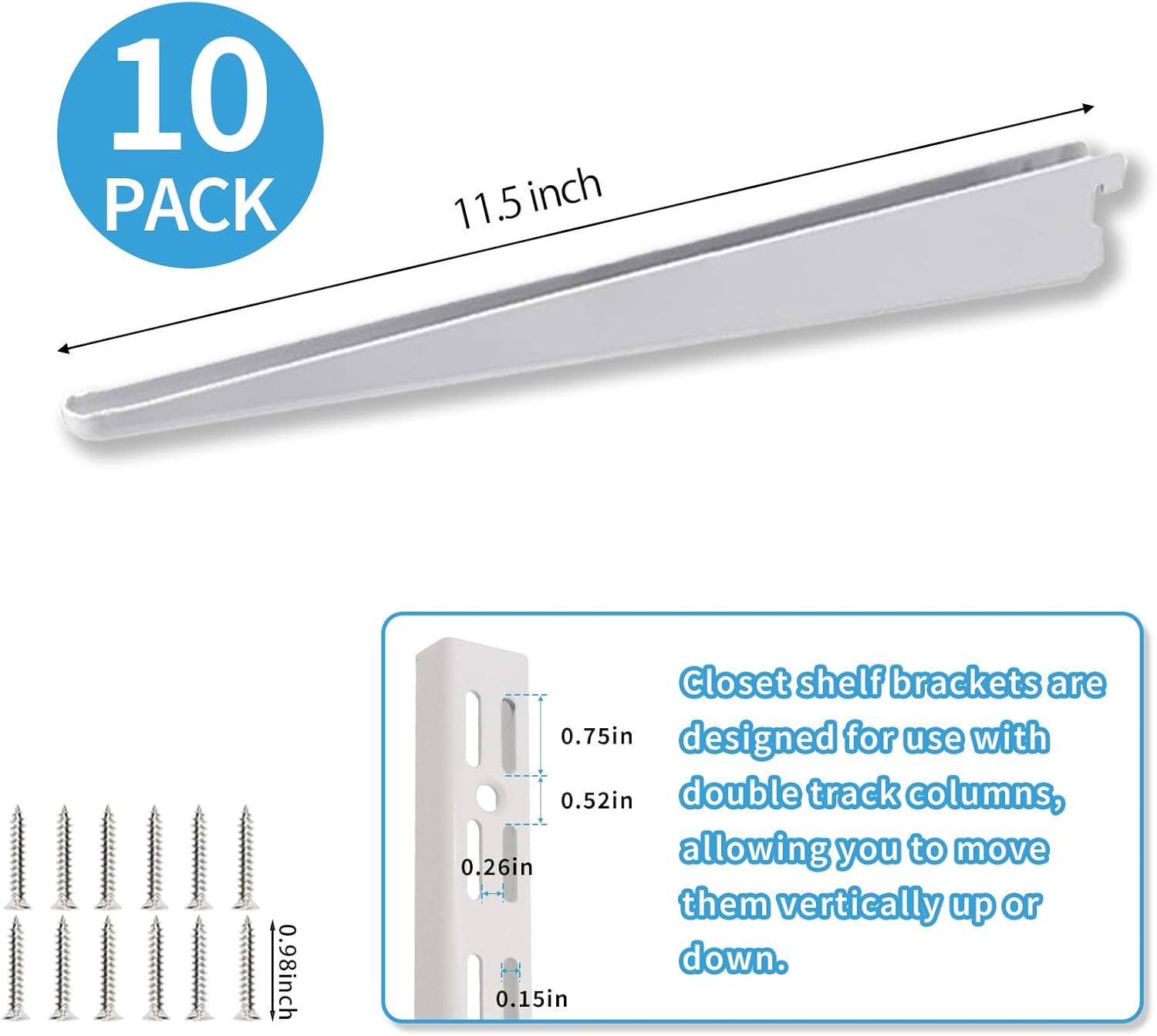 10 Pack 11.5‑Inch Adjustable Wire Shelf Brackets – Heavy‑Duty Double‑Track Closet & Wall Shelving System Supports（White）