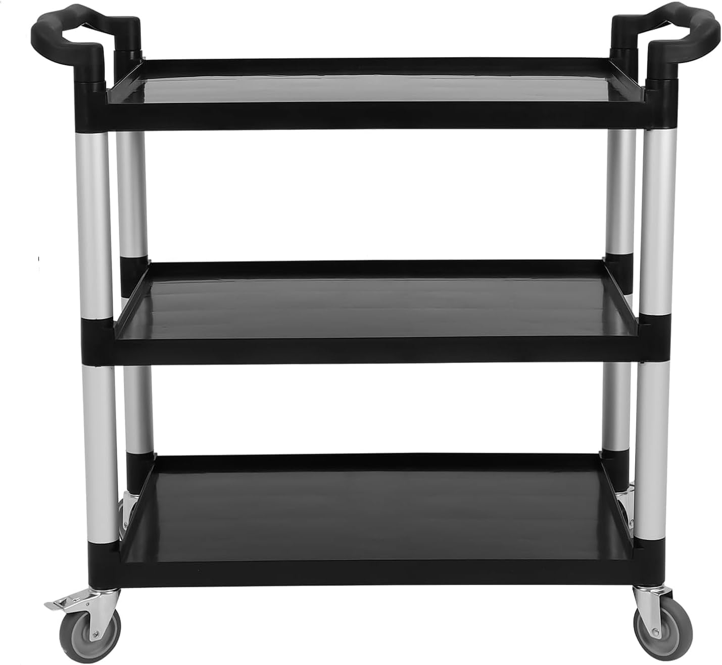 3-Tier Heavy Duty Utility Cart with Wheels, 43" Lx 21" W x 38" H, Durable Rolling Cart for Restaurant, Office, Kitchen, and Warehouse Use, Lockable 360° Swivel Casters Service Cart, Black