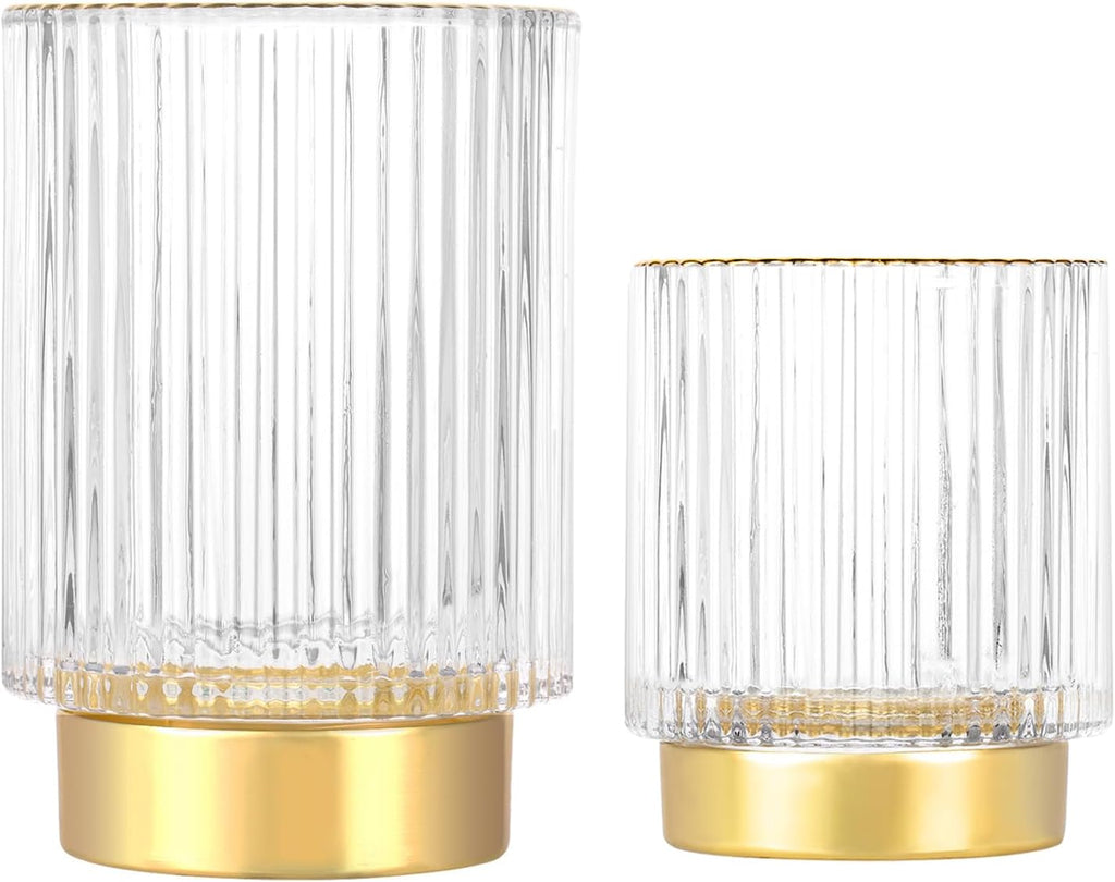 DASITON Makeup Brush holder Organizer,Crystal Cosmetic Makeup Brush Glass Brushes Storage Holder, Vintage Make Up Brush Cup Pen Pencil Holder striped vase(Clear S+L)