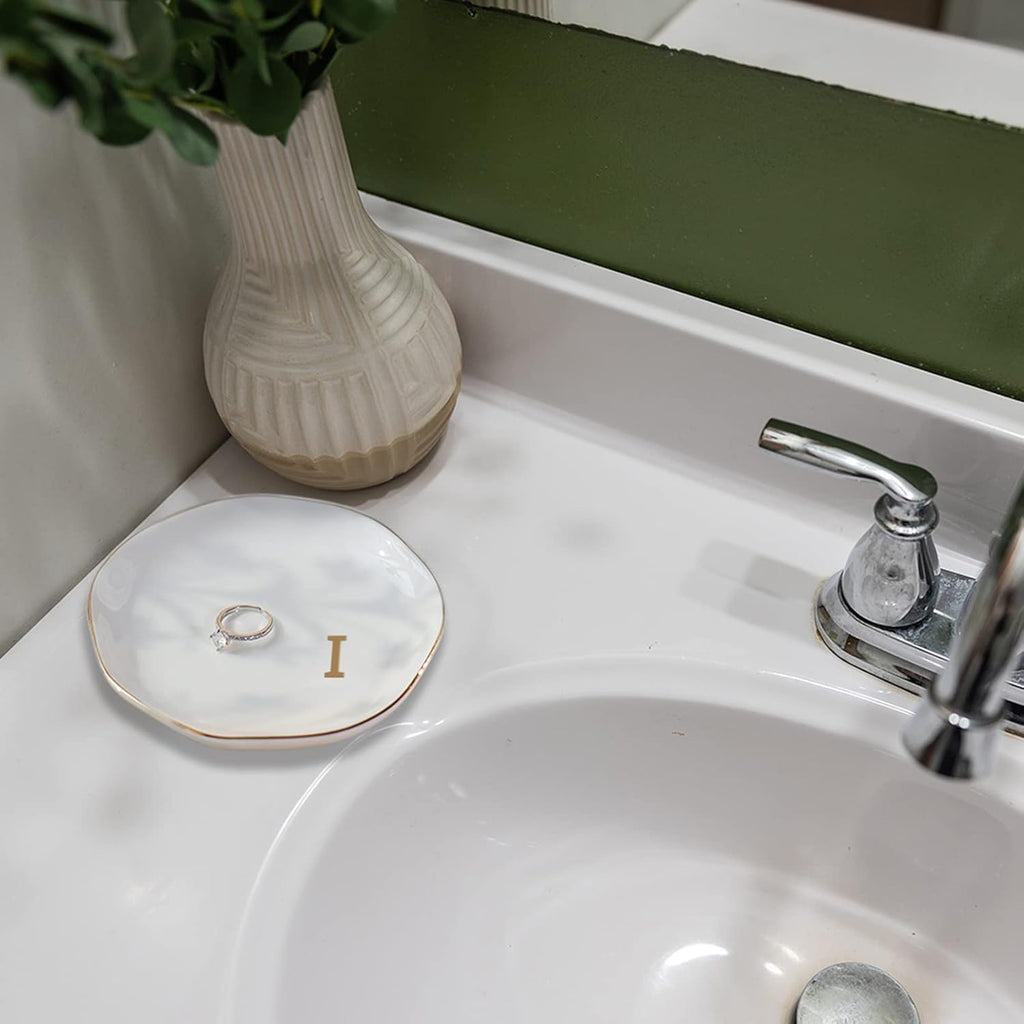 Initials Ring Dish Jewery Tray with Personalized I-Monogrammed Gifts Wedding Engagement for Women Friends sister,Ceramic White