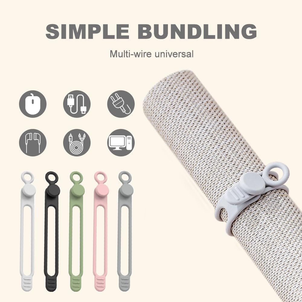 Data Cable Organizer, Silicone Cable Ties Reusable - Elastic Cord Organizer for Electronics, Adjustable Wire Ties for Cable Management,Computer Wires,Phone Charger,Earphone,Home Office (Green, 5PCS)