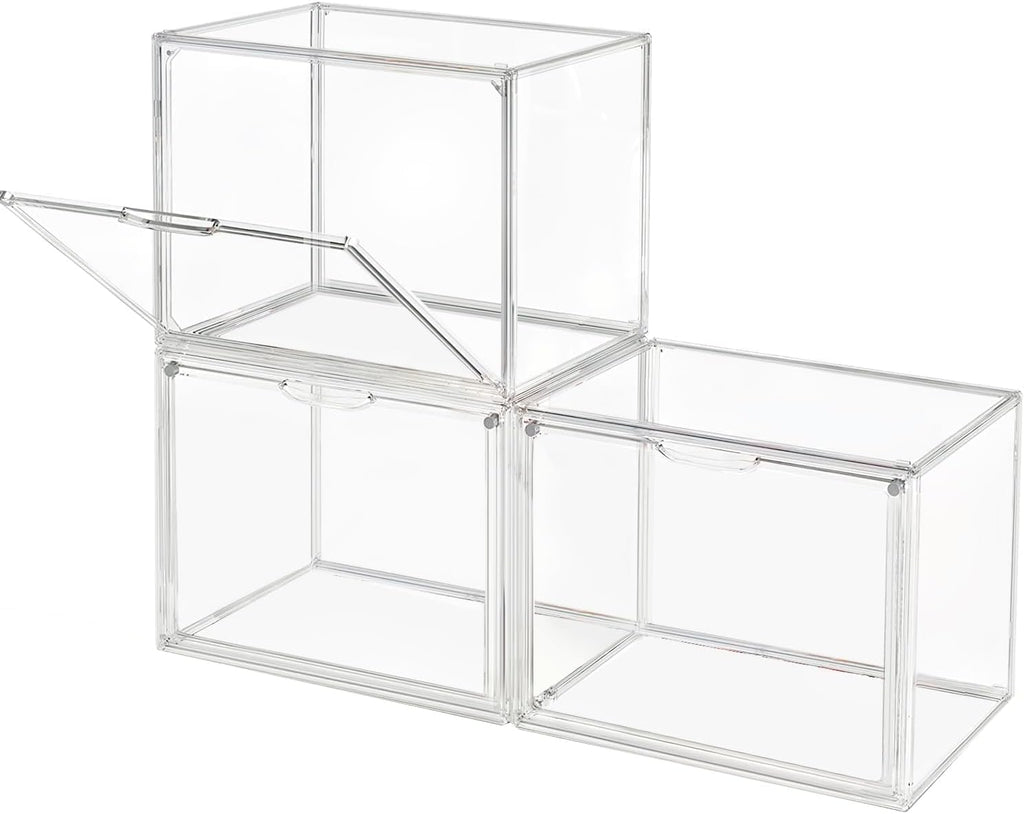 Clear Stackable Plastic Storage Bins with Magnetic Lid, Dustproof Book & Cosmetic Display Cases, Large Figures Collectibles Showcase, Shoe Box, Protection Organizer (Clear-L-3 Pack)