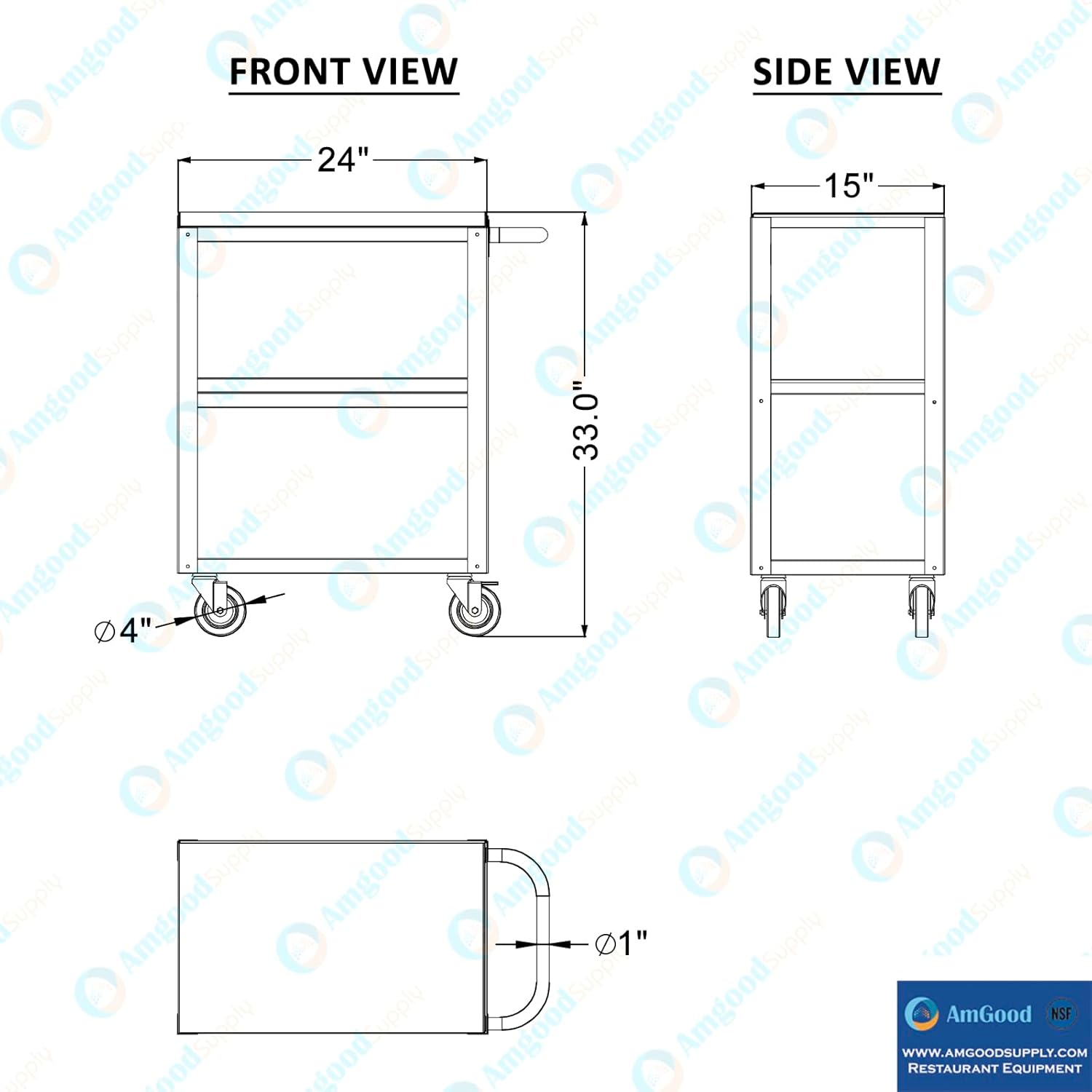 15 in. Wide X 24 in. Long X 33 in High | 3 Shelf Metal Utility Cart on Wheels with Handle