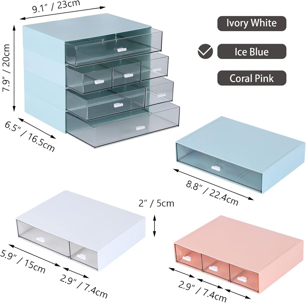 Desk Craft Organizer and Storage with 7 Flat Drawers, Stackable Plastic Desktop Accessories & Workspace Organizer for Office Stationary, Makeup Skincare, Sanitation Supplies, Blue