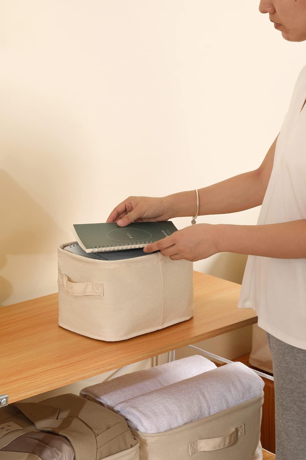 Decorative Basket Rectangular Fabric Storage Bin Organizer Basket with Handles for Clothes Storage (14.5 x 10.2 x 6.2, Beige)