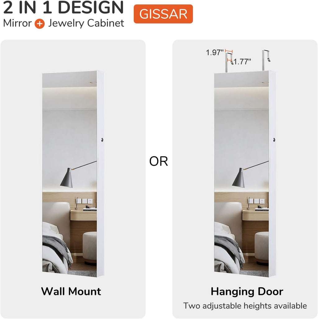 GISSAR Full Length Mirror Jewelry Cabinet, 6 LEDs Jewelry Armoire Wall Mounted Over The Door Hanging, Jewelry Organizer Storage with Lights Lockable, Bright White, 14.6" x 47.2"