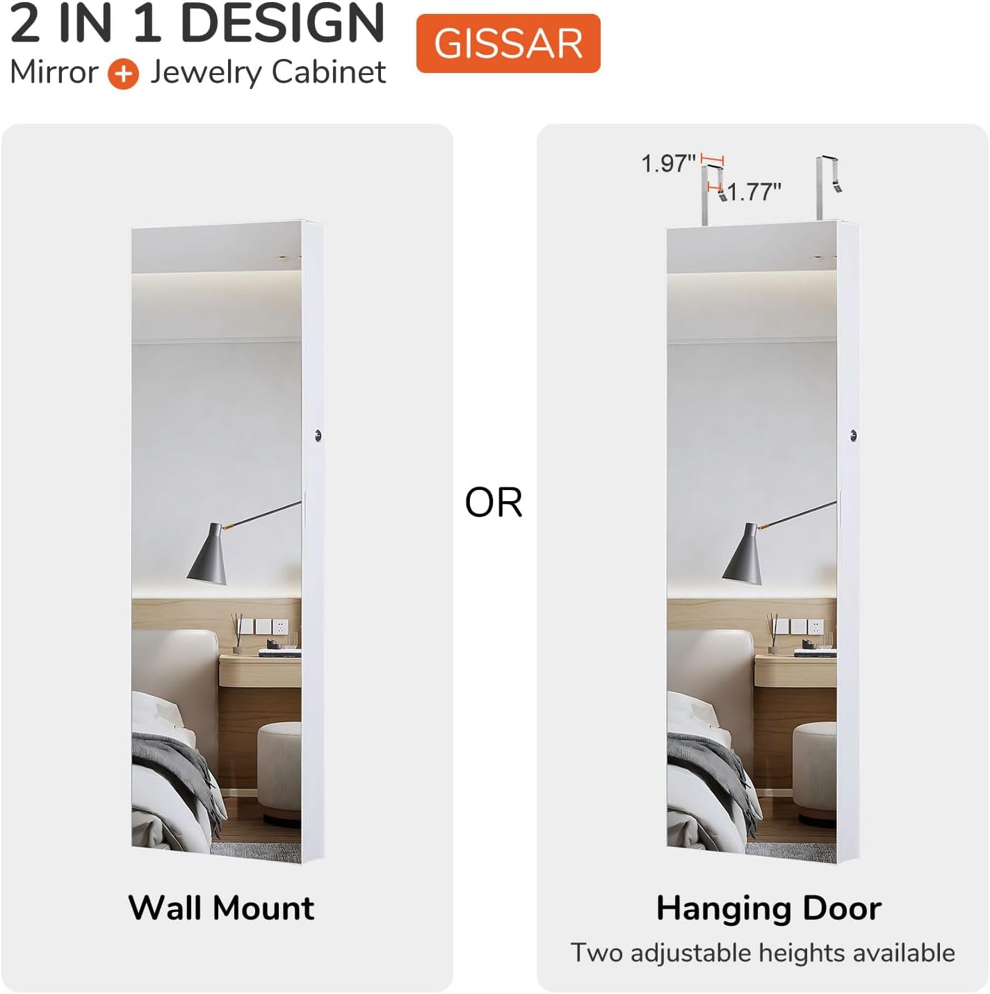 GISSAR Full Length Mirror Jewelry Cabinet, 6 LEDs Jewelry Armoire Wall Mounted Over The Door Hanging, Jewelry Organizer Storage with Lights Lockable, Bright White, 14.6" x 47.2"