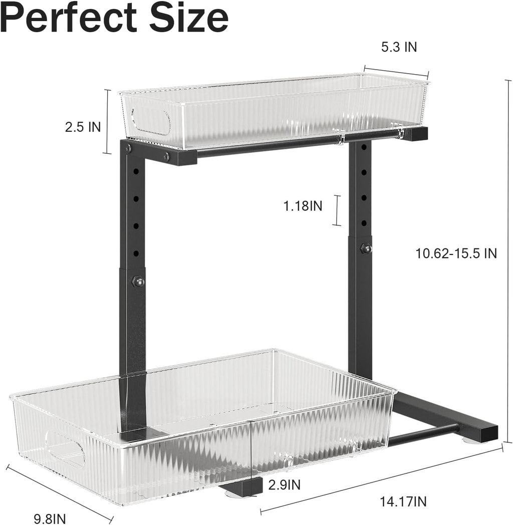1 Pack 10.62"-15.5" H Acrylic Bathroom Under Sink Organizers And Storage Height Adjustable,2-Tier Pull Out Under Cabinet Shelf Organizer,Multi-Use Slide Out Drawer For Kitchen Laundry-Black