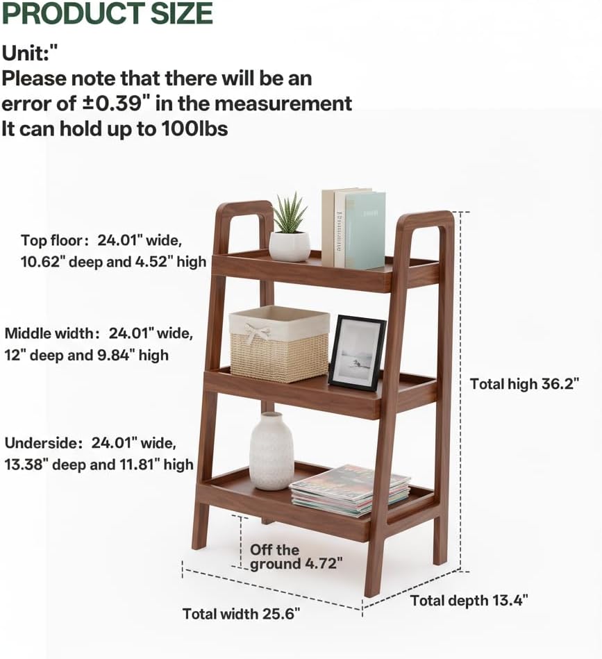 100% Solid Oak 3 Tier Ladder Shelf for Saving Space, Tall Nightstand with Stable Frame for Bedroom, Small Side Table for Living Room Office(Walnut, 13.4" L x 25.6" W x 36.2" H)