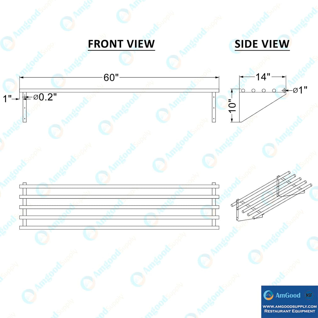 AmGood 14 in. x 60 in. NSF Stainless Steel Tubular Wall Shelf | Heavy-Duty Metal Shelving for Appliances & Equipment | Ideal for Kitchen, Restaurant, Garage, Laundry, Utility Room