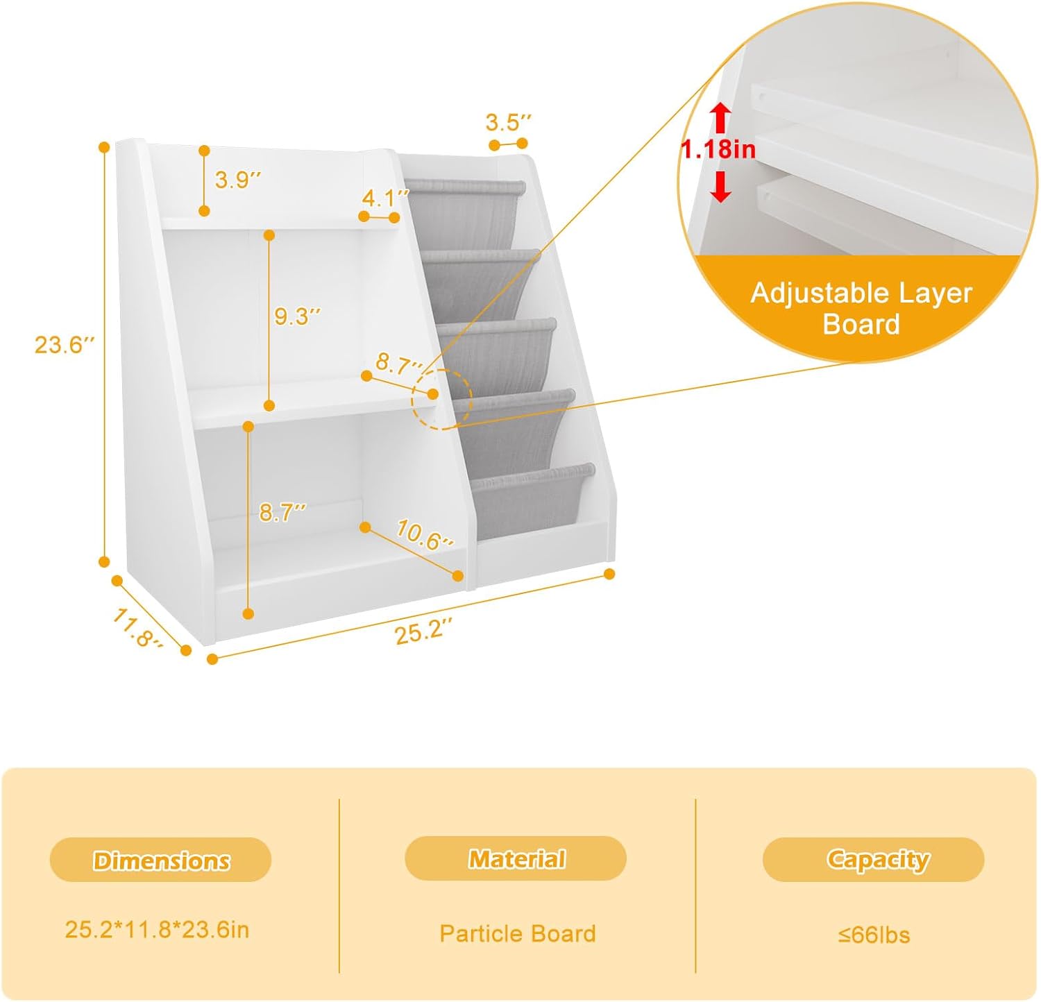 White Kids Bookshelf Wood Toy Storage Organizer Cabinet Children Bookcase Toddler Baby Sling Book Rack Adjustable Shelf for Playroom Bedroom Nursery Hallway School Kindergarten