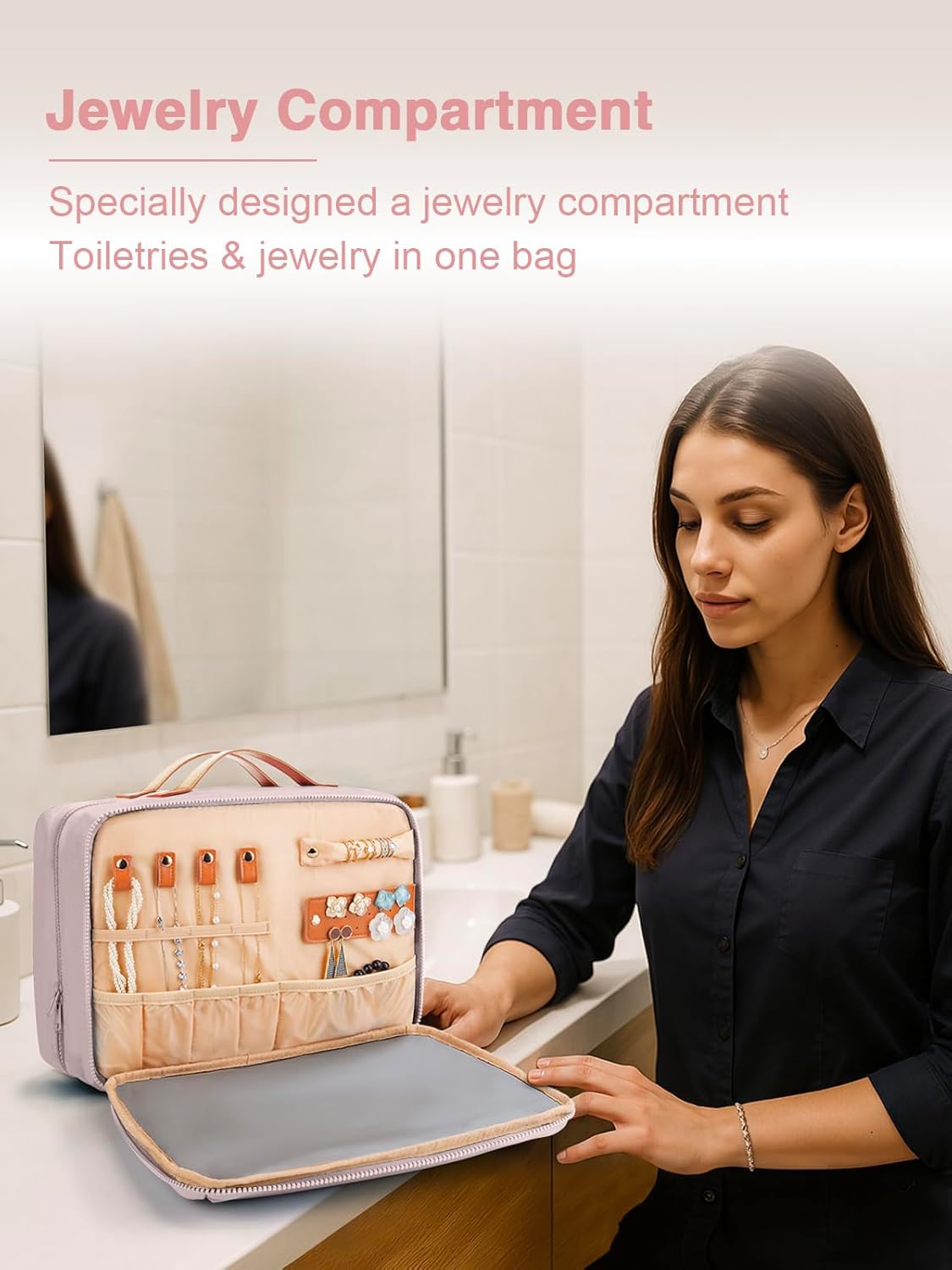 Women's Hanging Toiletry Bag, Waterproof Travel Cosmetic Organizer with Jewelry Storage, Large Capacity Makeup Case for Full-Size Skincare & Bathroom Essentials, Portable Cosmetic kit, Pink