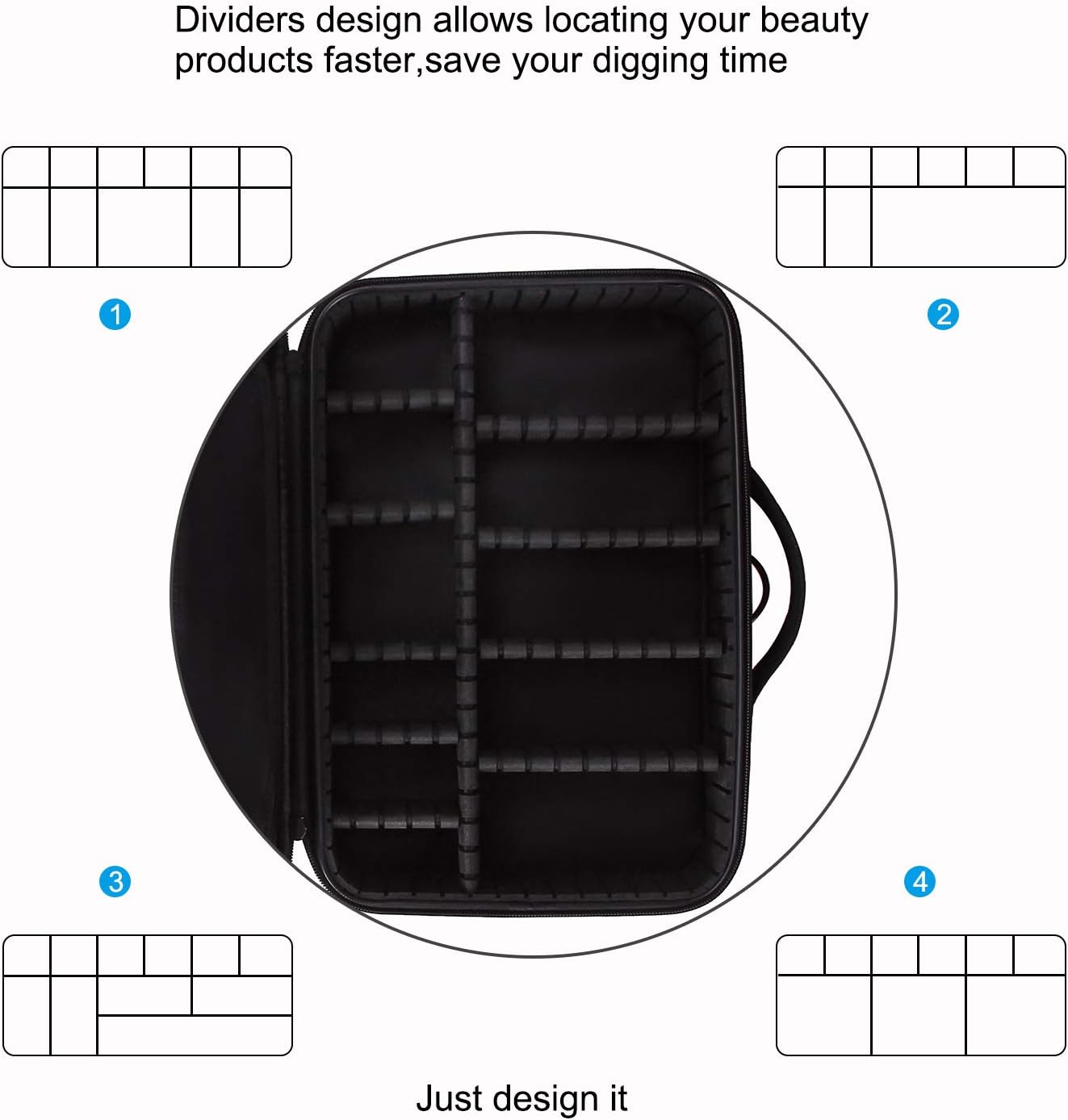 Relavel Makeup Bag Travel Makeup Train Case 13.8 inches Large Cosmetic Case Professional Portable Makeup Brush Holder Organizer and Storage with Adjustable Dividers and Shoulder Strap Black