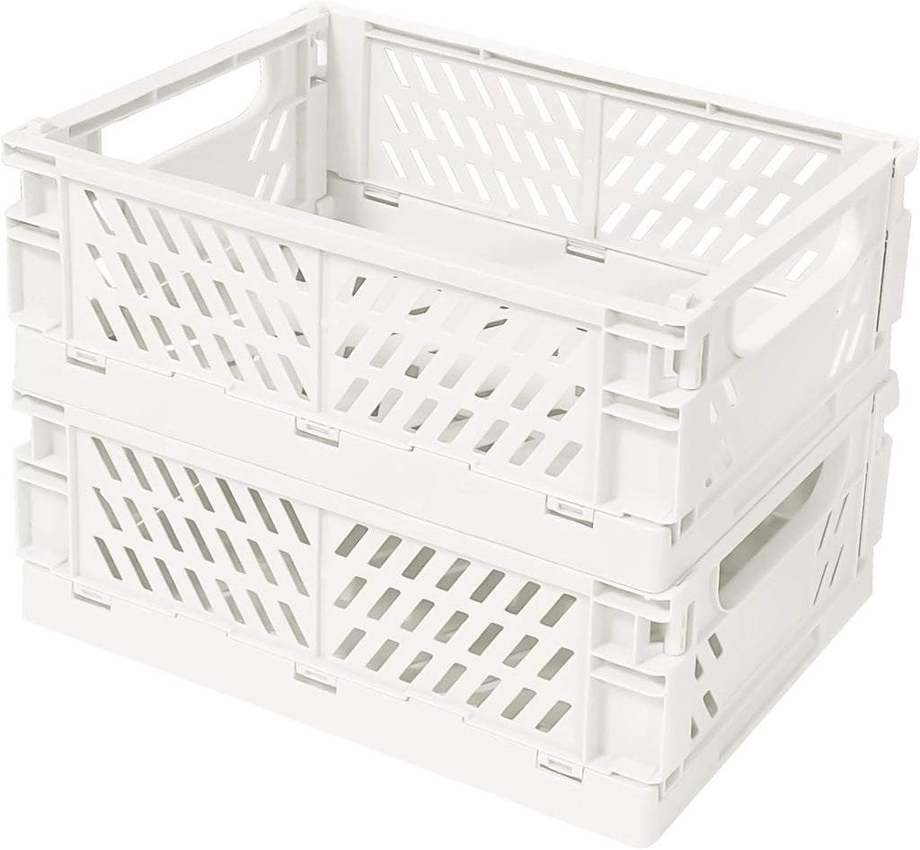 Small Pastel Plastic Storage Bins 2Pcs Foldable Pastel Crates Plastic Basket Colorful Storage Containers Baskets for Classroom Kitchen Office Bedroom Desktop Home Decor (White 5.8" x 3.8" x 2.2")