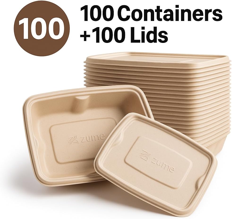 100 Pack 750ml Compostable Food Containers with Lids | Leak-Proof | Microwave & Freezer Safe | Eco-Friendly Meal Prep & Takeout Boxes