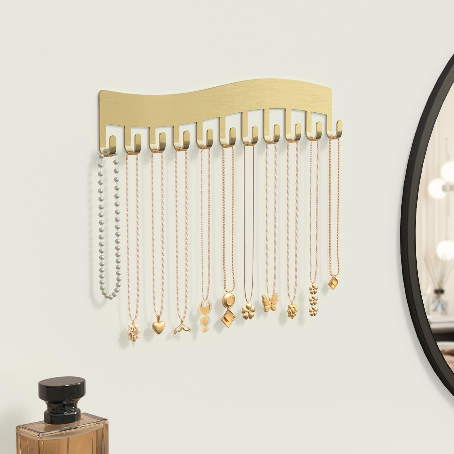 Wall Necklace Organizer Holder: Wall Mounted Jewelry Hanging Storage Necklaces Display Hanger Gold