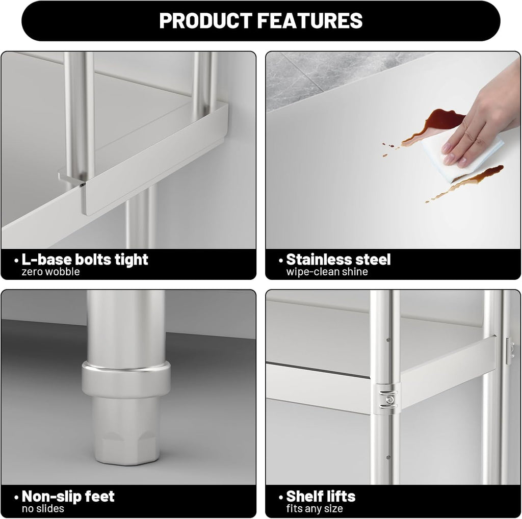 2-Tier Stainless Steel Commercial Work Table 47.2" W x 23.6" D x 31.5" H with Overshelf, Heavy Duty Kitchen Prep Table for Restaurant, Home Kitchen, Garage, Warehouse