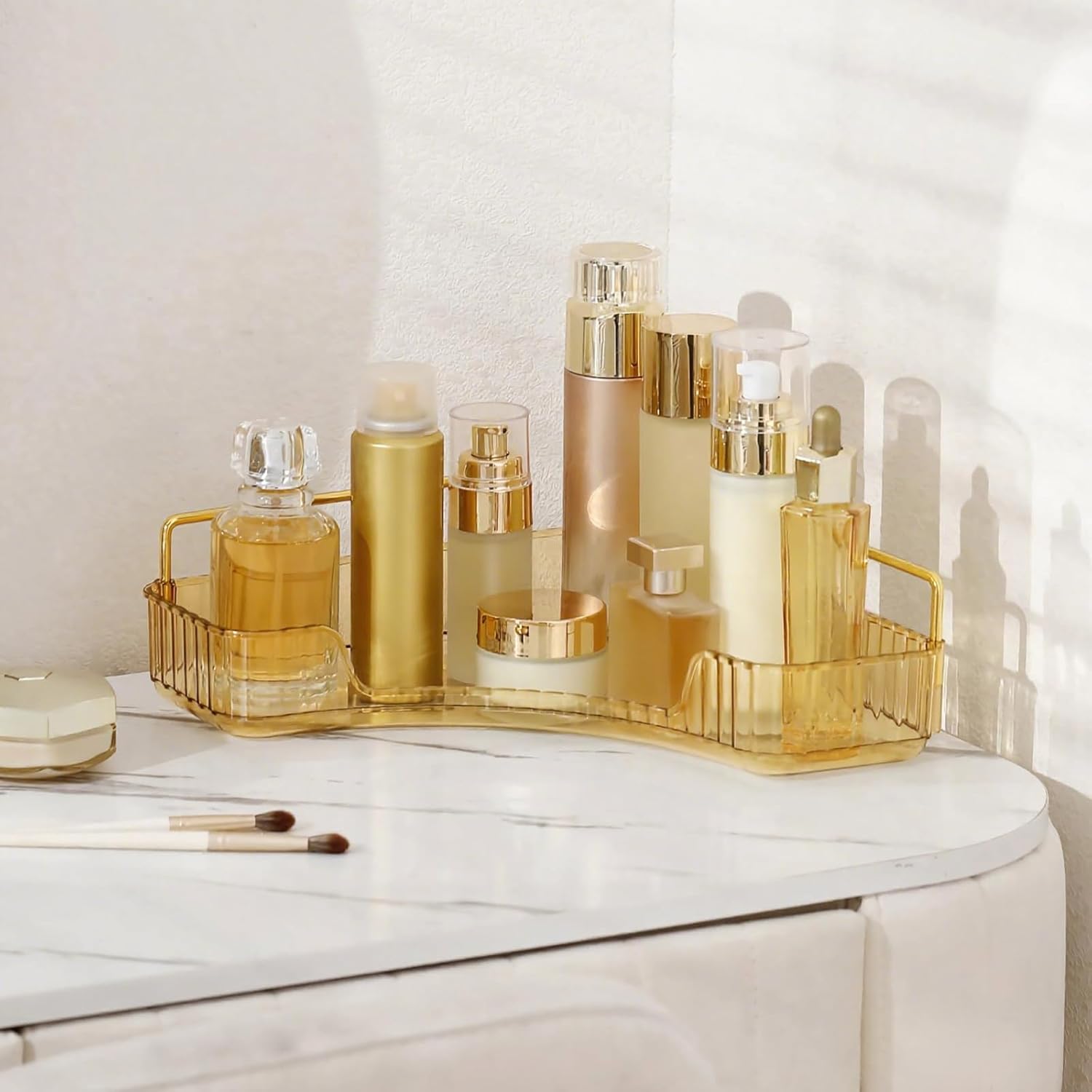 Corner Bathroom Countertop Organizer, Vanity Organizer Trays for Counter, Makeup Organizers, Perfume Tray, Skincare Shelf Storage Gifts for Women Girl Student (Yellow, 1 Tier)