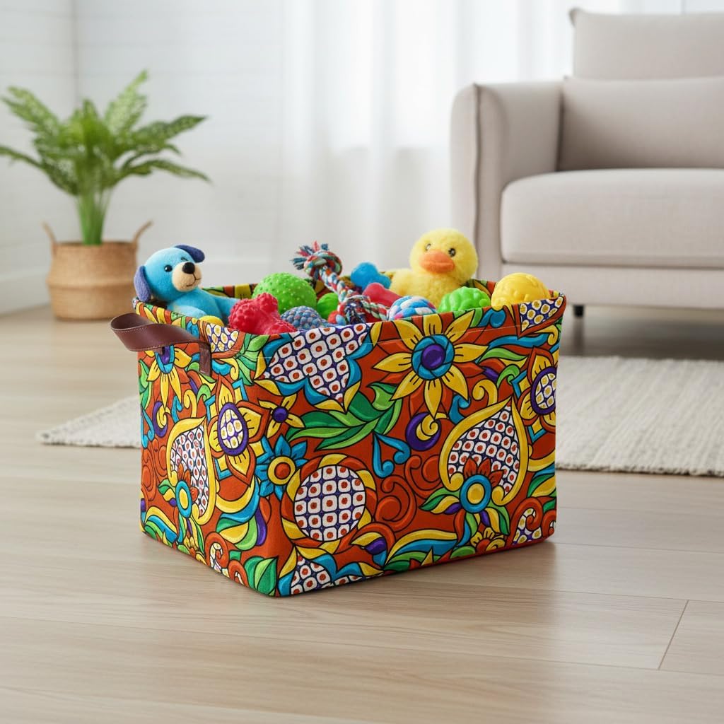 Mexican Talavera Storage Basket Waterproof Canvas Toy Storage Bin Mexican Decor Collapsible Outdoor Basket with Leather Handles Talavera Decor Blanket Baskets For Closets,Bedrooms,Gifts Baskets