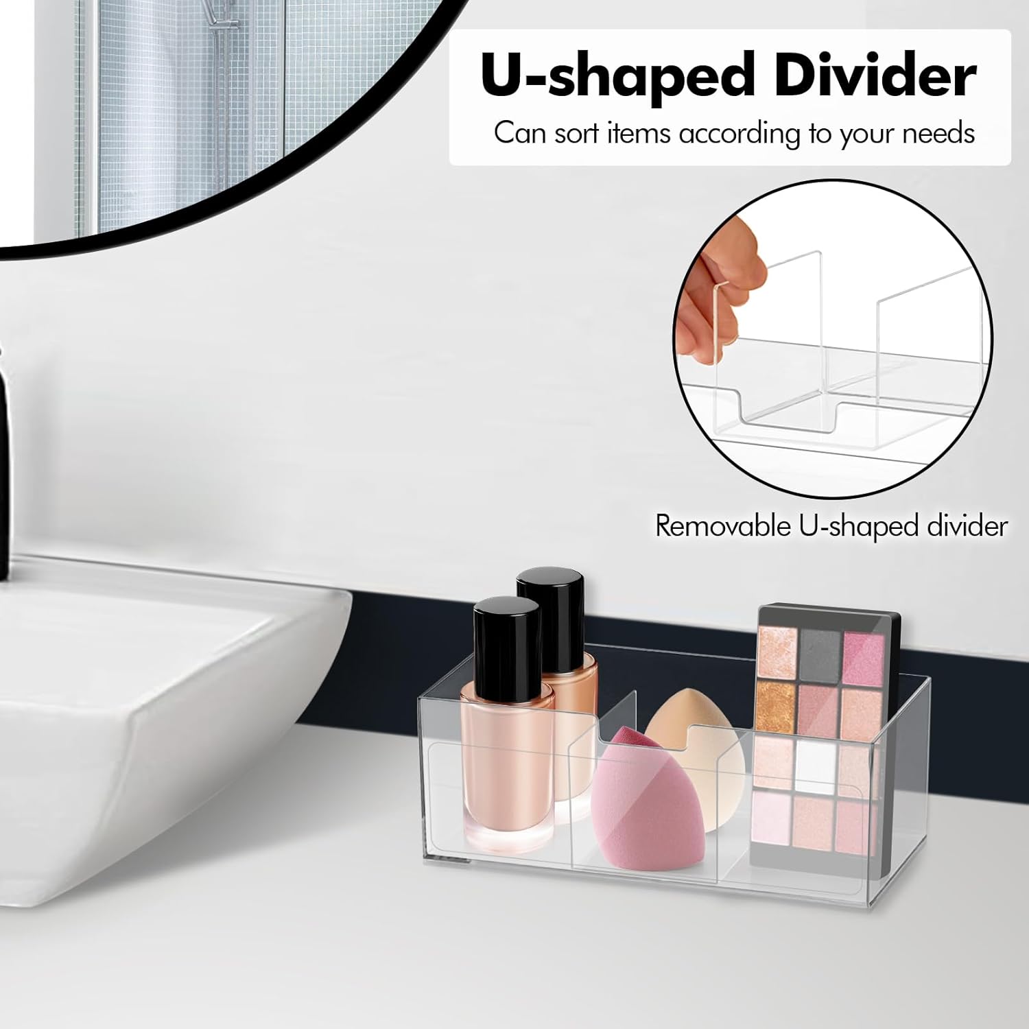 Poeland 2 Pack Makeup Organizer, Stackable Storage Organizer with U-shaped Removable Divider, Clear Storage Box for Medicine Cabinet, Closet, Bathroom, Counter