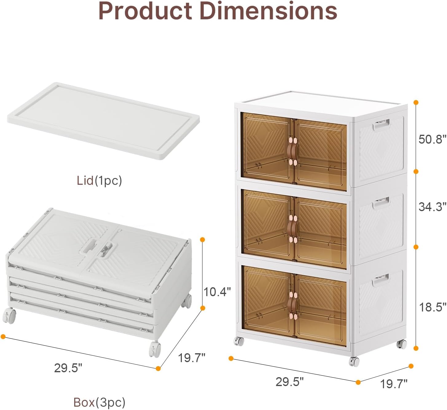 480Qt Stackable Storage Bins with Lids, 3 Pack Large Collapsible Bins with Wheels, Plastic Cabinet with Doors, Foldable Closet Organizers and Storage for Home, Dorm, Office, White