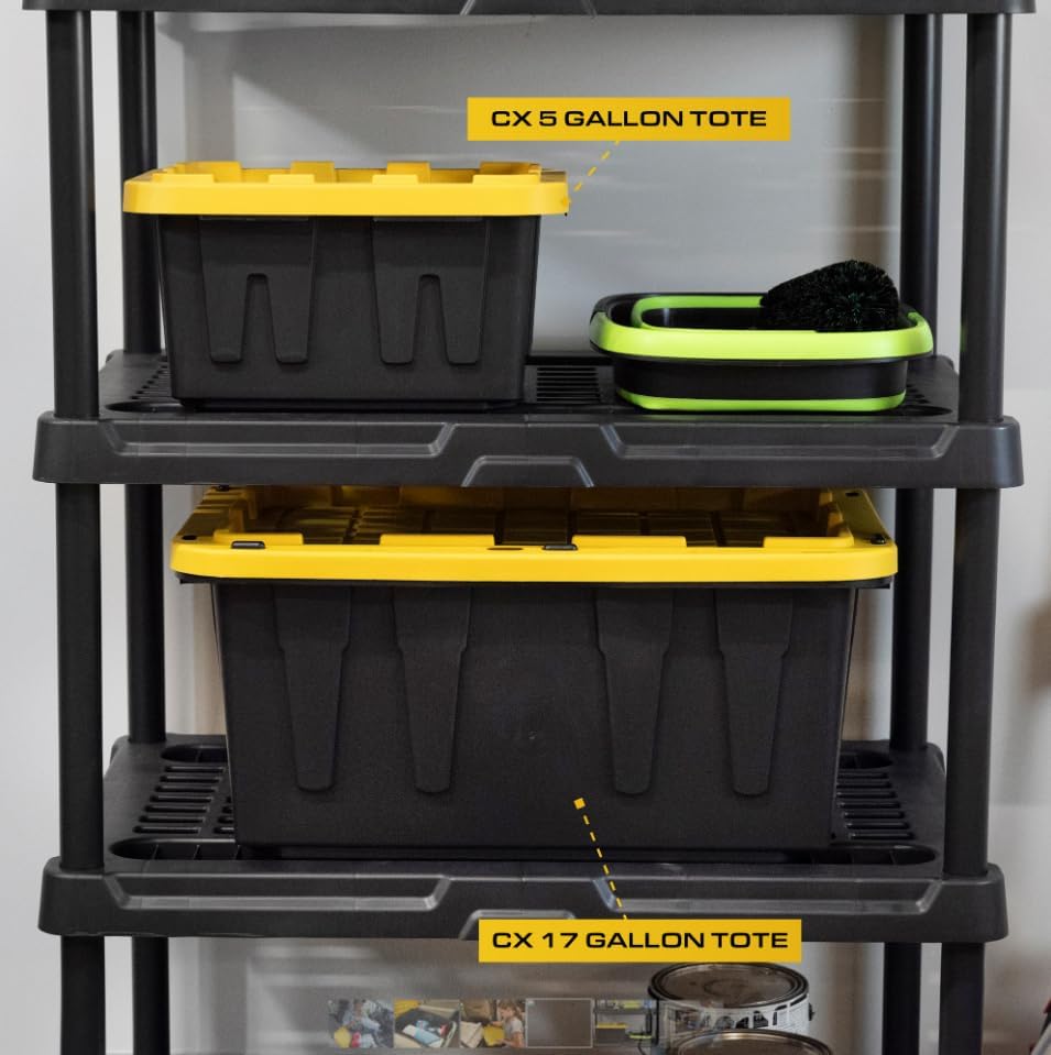 BLACK & YELLOW, 5-Gallon Heavy Duty Tough Storage Container & Snap-Tight Lid, (8.6"H x 12.3"W x 16.4"D), Weather-Resistant Design and Stackable Organization Tote [6 Pack]